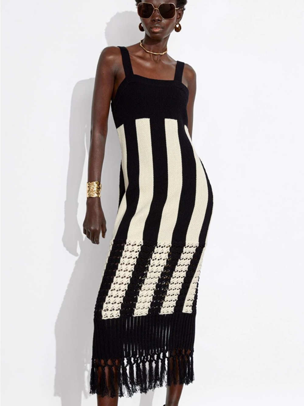 & Other Stories Black and Cream Crochet Stripe Maxi Dress with Fringe